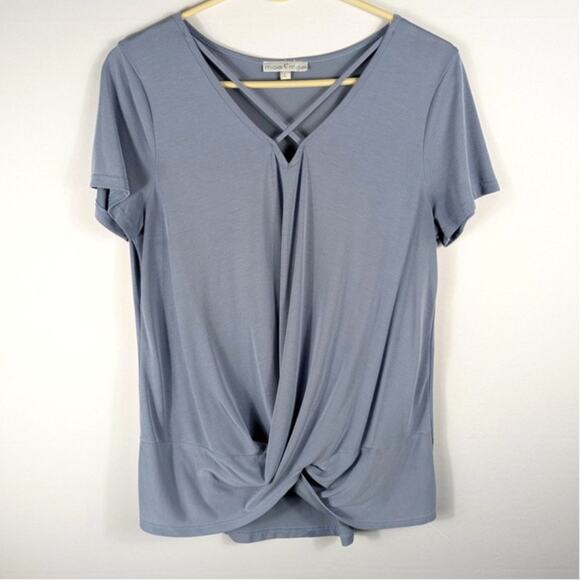 Moa Moa L Blue Crisscross V-Neck Twist Front Top Short Sleeve Soft Stretch Tee - Picture 1 of 5